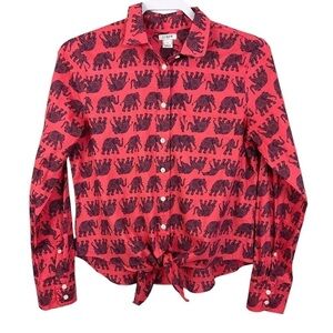 J.Crew Red Elephant Print Front Tie Shirt Top